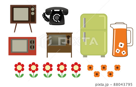 可愛い昭和レトロな昔の家電 緑の冷蔵庫 黒電話 テレビ ポット のイラスト素材