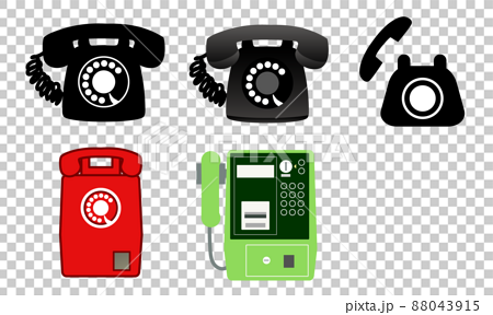 昭和時代の昔の電話たち・黒電話・赤電話・公衆電話のイラスト素材