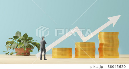 積み上げられたコインの前で考え込むビジネスマン / 売上向上・業績拡大・成長戦略のイメージ 88045620