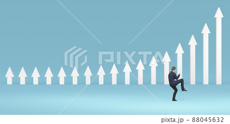 上昇する矢印グラフとガッツポーズで小躍りするビジネスマン / 業績向上・株価上昇・成長と成功 88045632