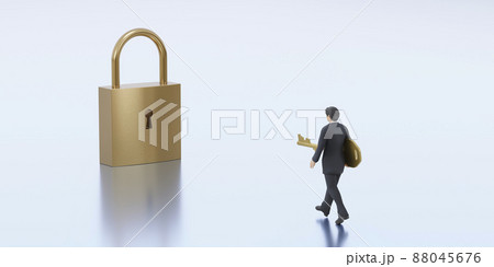 南京錠と大きな鍵を持って歩くビジネスマン / ビジネスとセキュリティ・問題解決・成功の鍵のイメージ 88045676