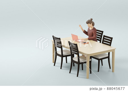 リビングテーブルでビデオチャットする女性 / テレワーク・オンラインミーティング・非接触社会イメージ 88045677