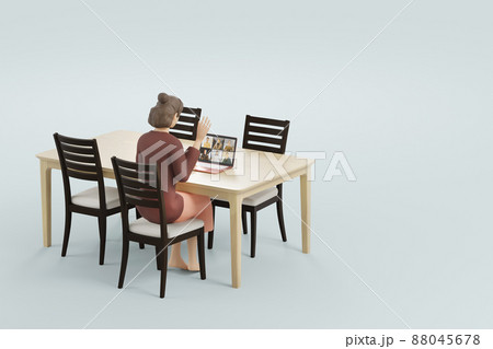 リビングテーブルでビデオチャットする女性 / テレワーク・オンラインミーティング・非接触社会イメージ 88045678