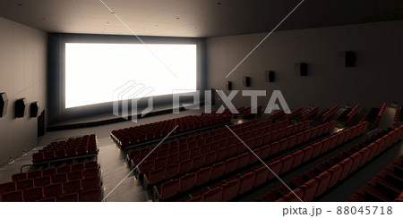 赤い椅子の並んだ映画館と眩しく光るスクリーン オープニング感 登場感 ティザー用背景素材のイラスト素材