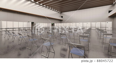 パイプ椅子が並んだワクチンの大規模接種会場のロケーションイメージ / コロナウイルス対策イメージ 88045722