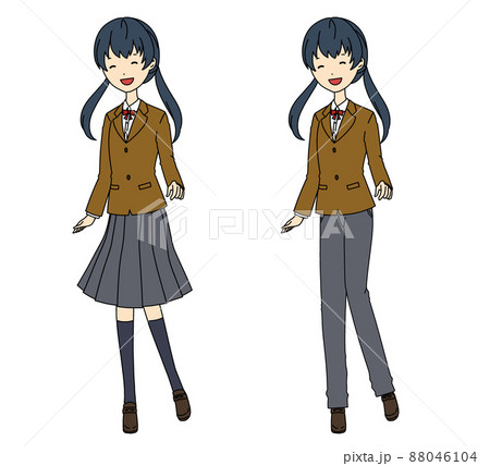 笑顔の女子高生のスカートとズボンの制服のセットのイラスト素材
