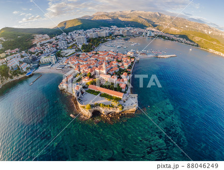 Old town in Budva in a beautiful summer day, Montenegro. Aerial image. Top view 88046249