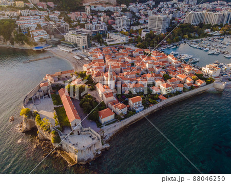 Old town in Budva in a beautiful summer day, Montenegro. Aerial image. Top view 88046250