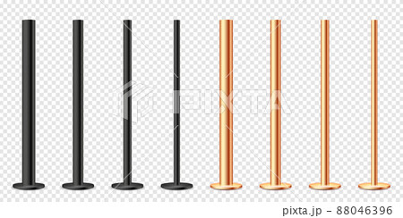 Realistic metal poles collection isolated on transparent background. Glossy bronze and steel pipes Realistic metal poles collection isolated on transparent background. Glossy bronze and steel pipes 88046396