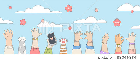 Plum sakura blossom celebration cartoon cute banner. Background illustration with people and animals hands, sakura flowers, landscape, sky and clouds. Vector. Plum sakura blossom celebration cartoon cute banner. Background illustration with people and animals hands, sakura flowers, landscape, sky and clouds. Vector. 88046884