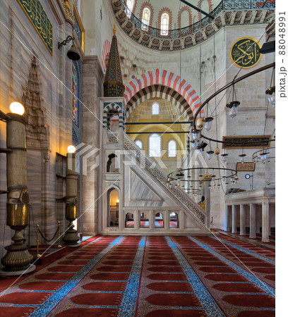 Marble ornate minbar (Platform) and niche, Suleymaniye Mosque, Istanbul, Turkey Marble ornate minbar (Platform) and niche, Suleymaniye Mosque, Istanbul, Turkey 88048991