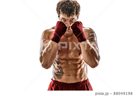 Portrait of athlete boxer in red sportswear who isolated on white background. Sport concept 88049198