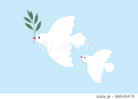 青空を飛ぶオリーブの葉をくわえた白い鳩の親子 平和 Peace Day 停戦のイメージ素材のイラスト素材