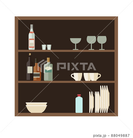 Plates, cups stand on shelves in the kitchen. 88049887