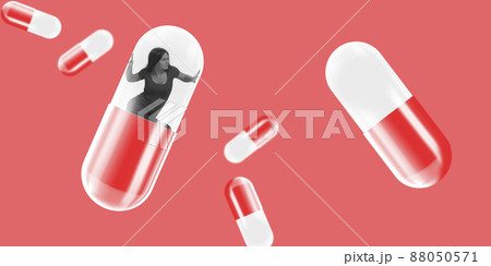 Contemporary art collage. Depressed woman trying to get off the pill isolated over red background Contemporary art collage. Depressed woman trying to get off the pill isolated over red background 88050571