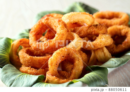 Fried squid rings breaded with lemon on a plate 88050611