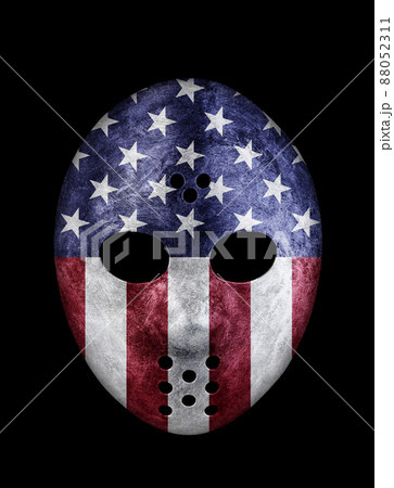 Old goalie mask with USA flag isolated on black background with clipping path Old goalie mask with USA flag isolated on black background with clipping path 88052311