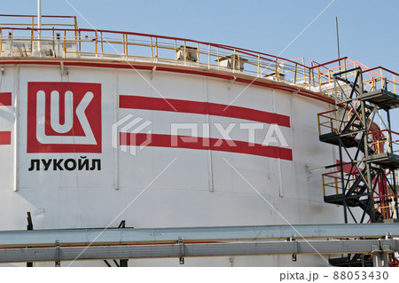 A large storage tank for light oil products with the logo of LUKOIL 88053430