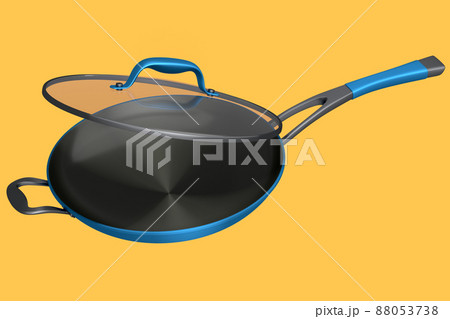 Frying pan with glass lid on yellow background, non-stick kitchen utensils Frying pan with glass lid on yellow background, non-stick kitchen utensils 88053738