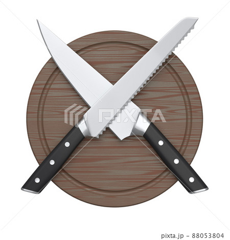 Chef's kitchen knives on a wooden board isolated on white background. 88053804