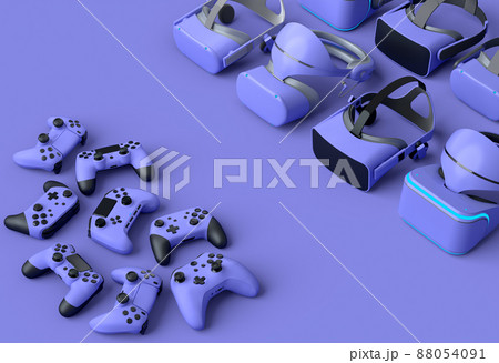 Top view virtual reality glasses and controllers for online and cloud gaming on purple background. 3D rendering of device for virtual design in augmented reality or virtual gaming in VR 88054091