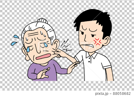 女性高齢者のほっぺをつねる男性のイラスト 88058682