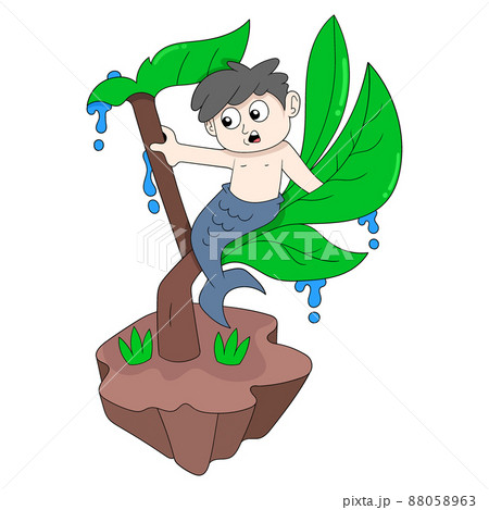 male mermaid sitting on a lush tree, doodle icon image kawaii 88058963