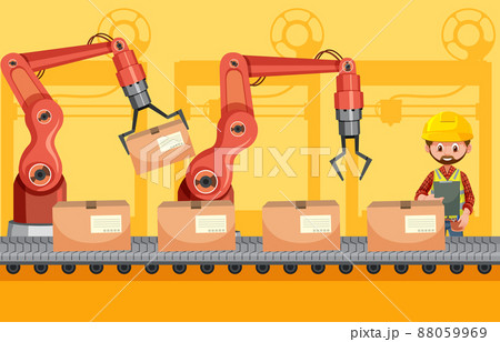 Automation industry concept with assembly line robots Automation industry concept with assembly line robots 88059969