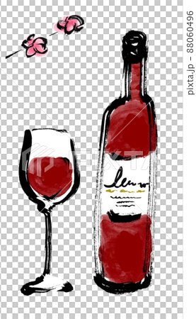 ワインのボトルとグラス　赤　花あり 88060496