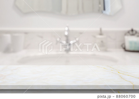 Empty white marble table top with blur bathroom background 88060700