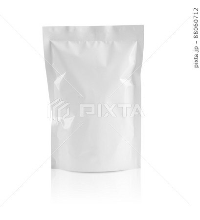 Blank white aluminium foil plastic pouch bag sachet packaging mockup isolated on white background 88060712