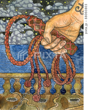 Colorful Marine Fantasy illustration of rope whip in a sailors hand against ship deck. Nautical vintage drawings, watercolor paintings Colorful Marine Fantasy illustration of rope whip in a sailors hand against ship deck. Nautical vintage drawings, watercolor paintings 88060803