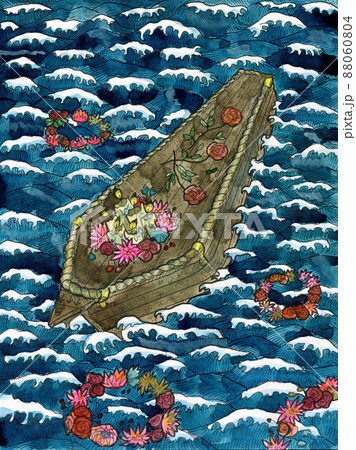 Colorful Marine Fantasy illustration of coffin with flowers and candles in sea waves. Magic ritual. Nautical vintage drawings, watercolor paintings 88060804