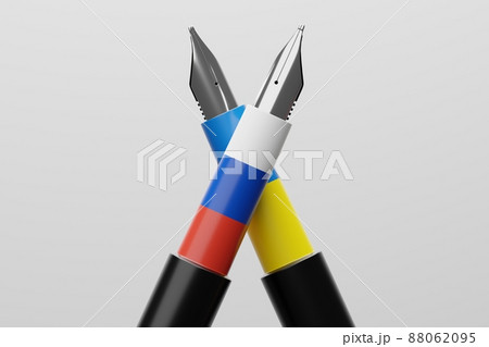 3D rendering Fountain pen Ukraine and Russia flag pattern color, Diplomacy and Press crisis war concept design illustration isolated on white background with copy space 88062095
