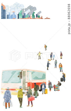 バスに並ぶ避難する人たち手描き水彩風イラスト 88062698