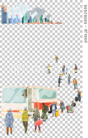 バスに並ぶ避難する人たち手描き水彩風イラスト 88062698