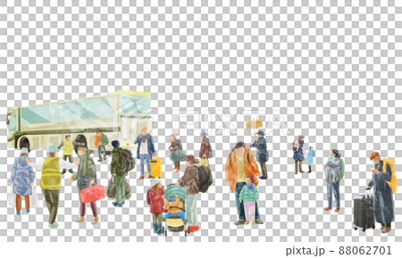 バスに並ぶ避難する人たち手描き水彩風イラスト 88062701