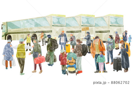 バスに並ぶ避難する人たち手描き水彩風イラスト 88062702
