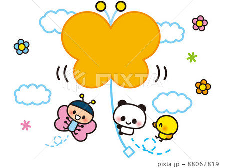 春 花 蝶 動物 風船 パンダ 鳥 空 雲 キャラクター ゆるい ファンシー ラブリー デフォルメのイラスト素材