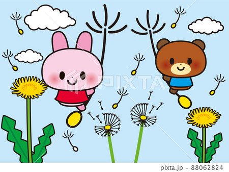 春,花,たんぽぽ,くま,うさぎ,動物,三月,四月,かわいい,綿毛,なかよし 