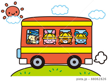 バス 遠足 観光 乗り物 子供 動物 登園 うさぎ クマ ネズミ 犬 太陽 ピクニック 通園のイラスト素材 0626