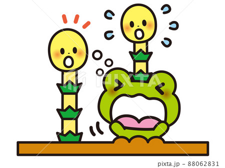 春 カエル つくし 三月 四月 五月 可愛い 自然 植物 あくび おはよう 動物 冬眠 目覚めのイラスト素材 0621
