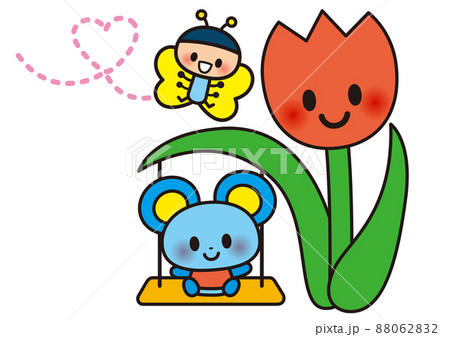 花,春,蝶,チューリップ,かわいい,動物,ネズミ,キャラクター,ゆるい,ブランコ,ファンシー 88062832