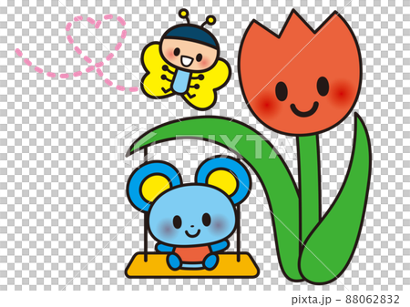 花,春,蝶,チューリップ,かわいい,動物,ネズミ,キャラクター,ゆるい,ブランコ,ファンシー 88062832
