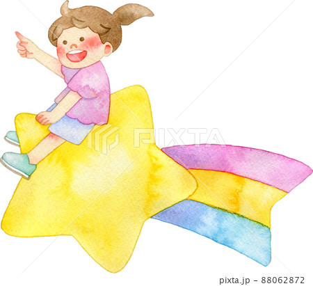 流れ星に乗って飛ぶ女の子のイラストのイラスト素材
