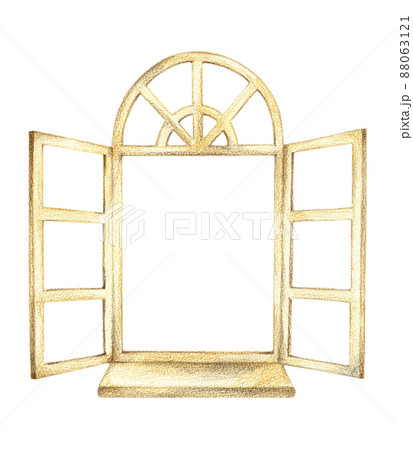 開いた洋風の木製の窓 窓台あり 手描き色鉛筆画のイラスト素材