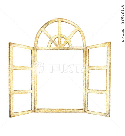 開いた洋風の木製の窓 手描き色鉛筆画 開いた洋風の木製の窓 手描き色鉛筆画 88063126