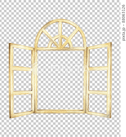 Open Western-style wooden window hand-painted colored pencil drawing 88063126