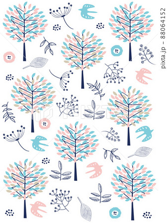 北欧風_木と草花柄_背景1243 88064152