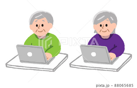 パソコン操作するシニア男性女性セット（手描きカラー） 88065685